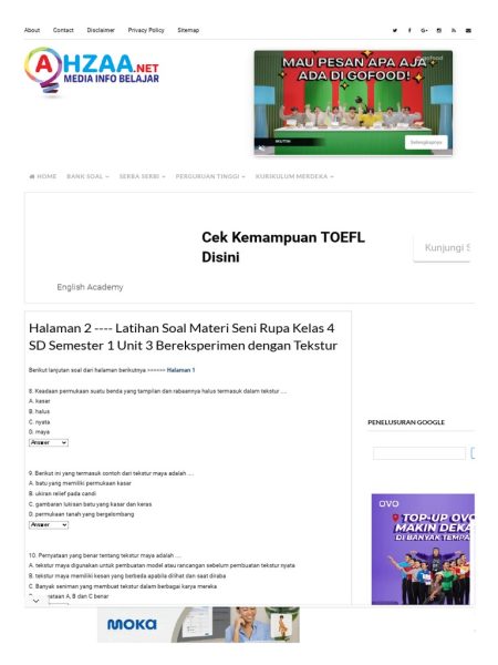 Soal Ujian Seni Rupa SD Kelas 4 dengan Kunci Jawaban Semester 2