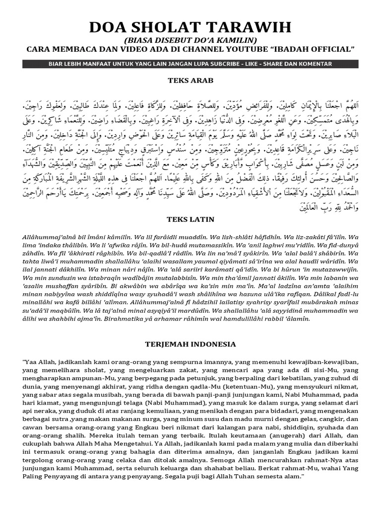 Doa Kamilin Lengkap dan Keutamaannya, Baca Setelah Shalat Tarawih