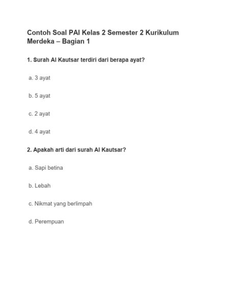Contoh Soal Ujian Akhir Tahun PAI Kelas 2 SD